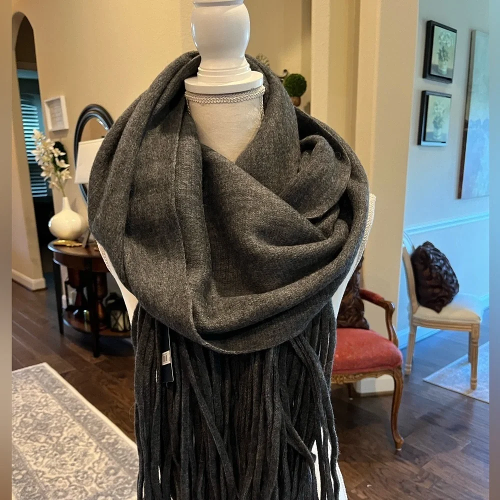 Lucky Brand Brushed Oversized Scarf Wrap in Charcoal Gray with Long Fringe
